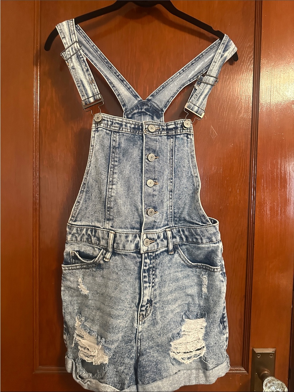 SO Light Blue Distressed Denim Short Overalls